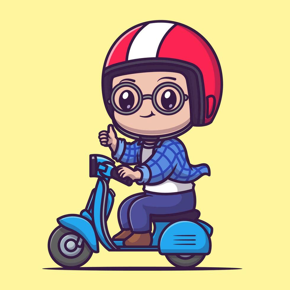 schattig mannetje rijden scooter tekenfilm vector icoon illustratie. mensen vervoer icoon concept geïsoleerd premie vector. vlak tekenfilm stijl