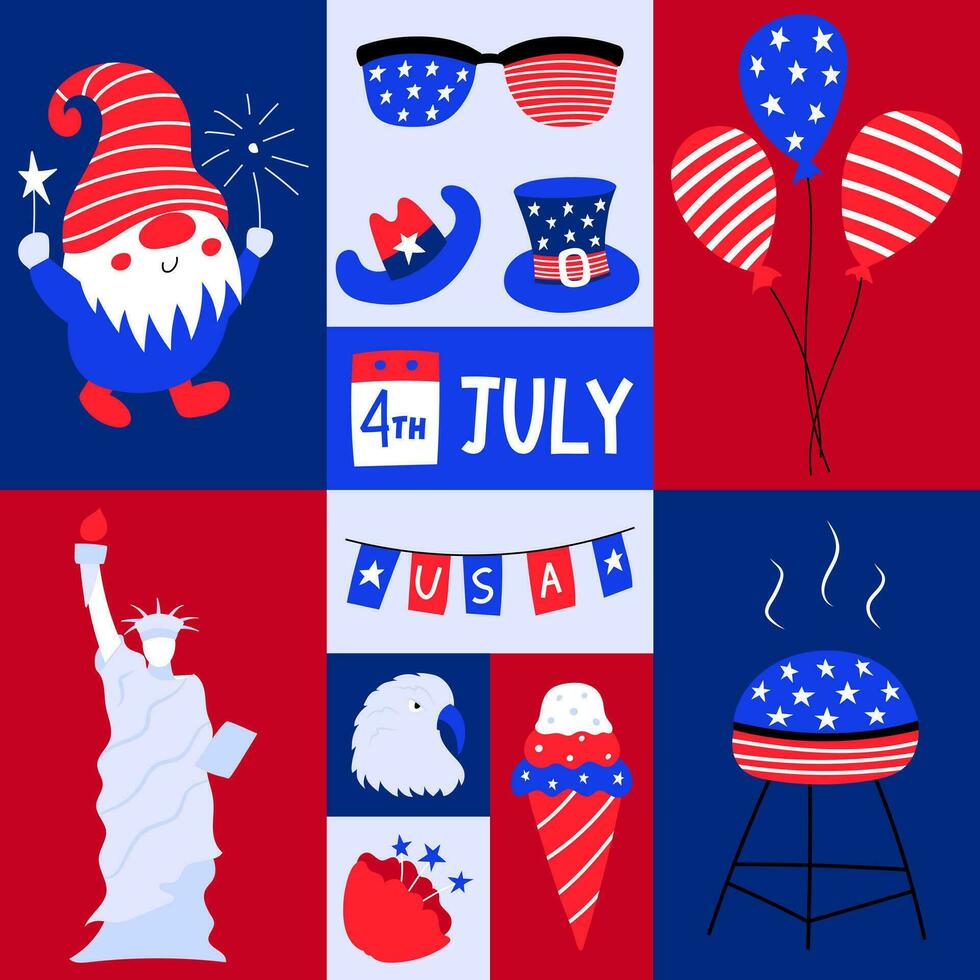 groet kaart met patriottisch symbolen van Verenigde Staten van Amerika onafhankelijkheid dag. sociaal media sjabloon voor 4e van juli. Amerikaans symbolen, standbeeld van vrijheid, grill, adelaar. vlak tekenfilm stijl. helder vector illustratie.