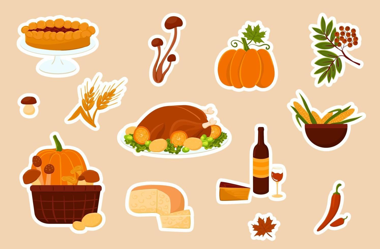 Thanksgiving stickerpakket met gekookt voedsel en herfstoogst. vector