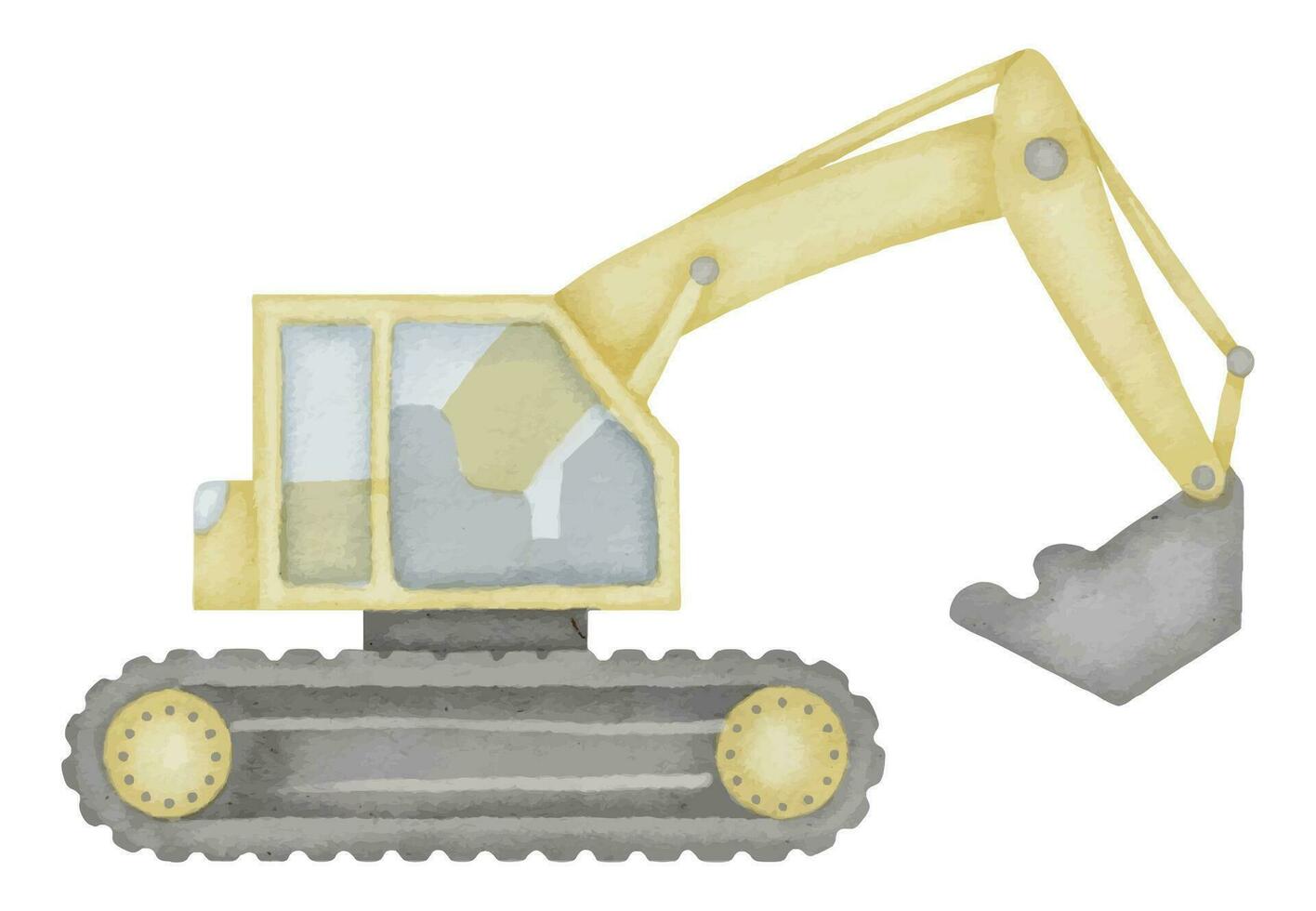 graafmachine waterverf illustratie. hand- getrokken klem kunst van baby speelgoed- geel graver Aan geïsoleerd achtergrond. tekening van backhoe machine. schetsen van een lader vrachtauto voor bouw en graven vector