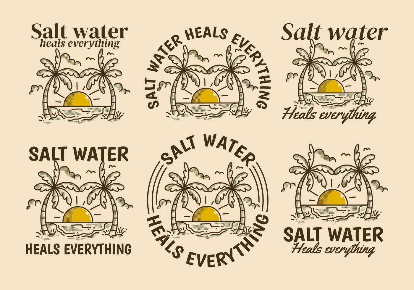 zout water geneest alles. retro lijn kunst illustratie van een strand met groot zon vector