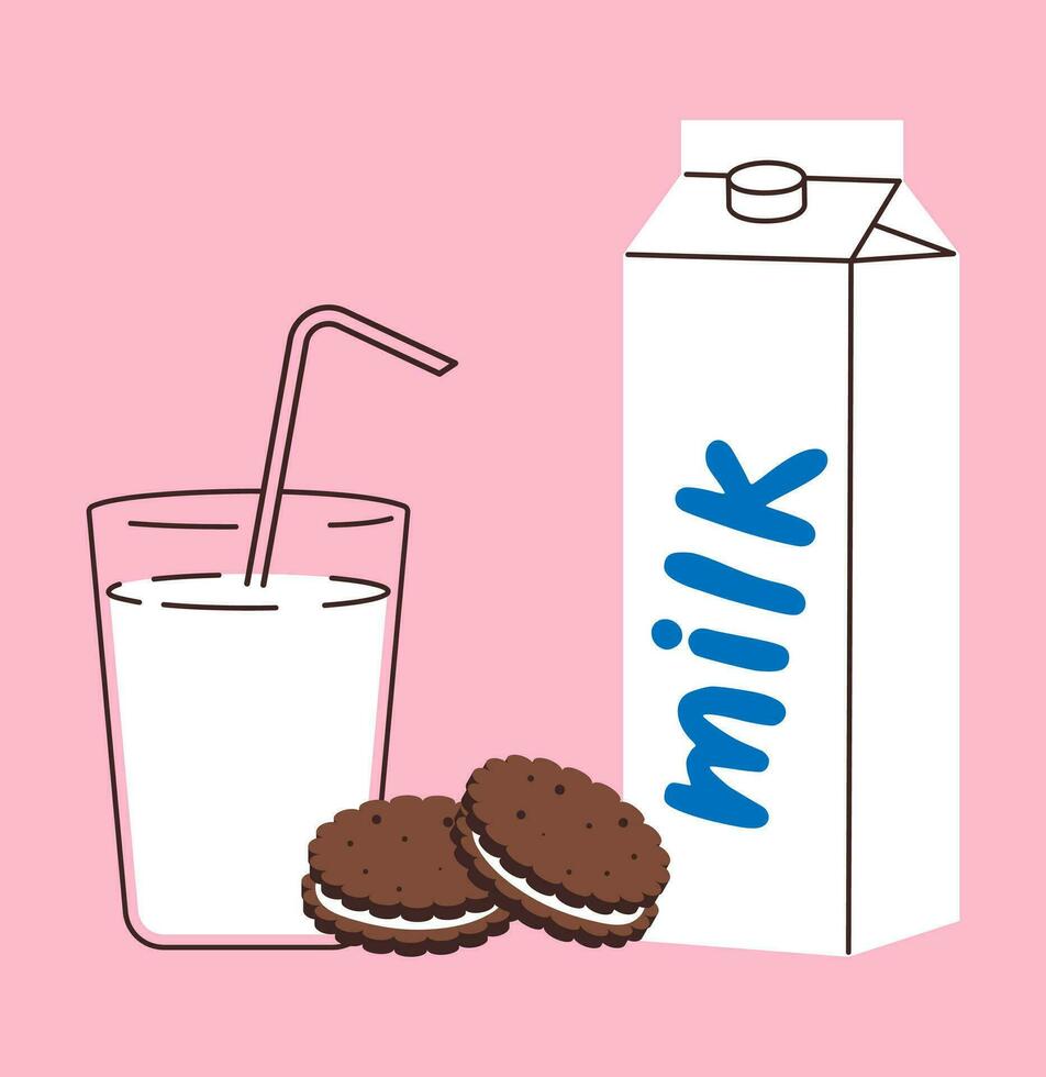 glas van melk en melk verpakking in vlak stijl. vector illustratie van ontbijt, een glas met melk en koekjes en een groot papier pakket van melk. minimalisme.