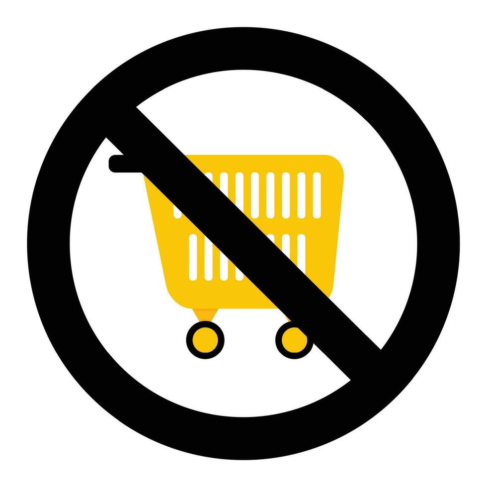 verbod boodschappen doen symbool. Nee handkar supermarkt, trolley en klant mand voor boodschappen doen verboden, vector illustratie