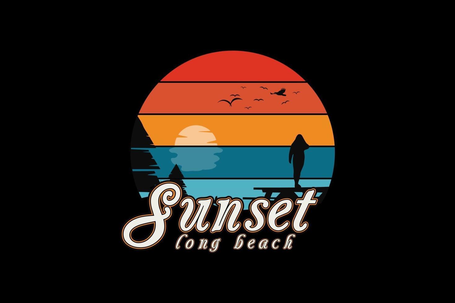 zonsondergang lang strand, retro vintage stijl hand tekenen illustratie vector