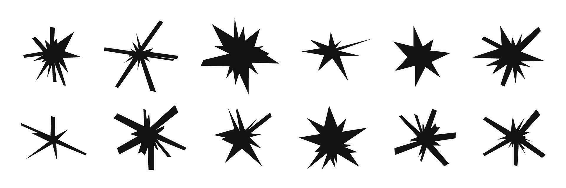 modieus onregelmatig zwart sterren set. hand- getrokken meetkundig kattebelletje vormen, tekening vuurwerk, modern retro grunge punk- sticker ontwerp. modern vlak vector illustratie