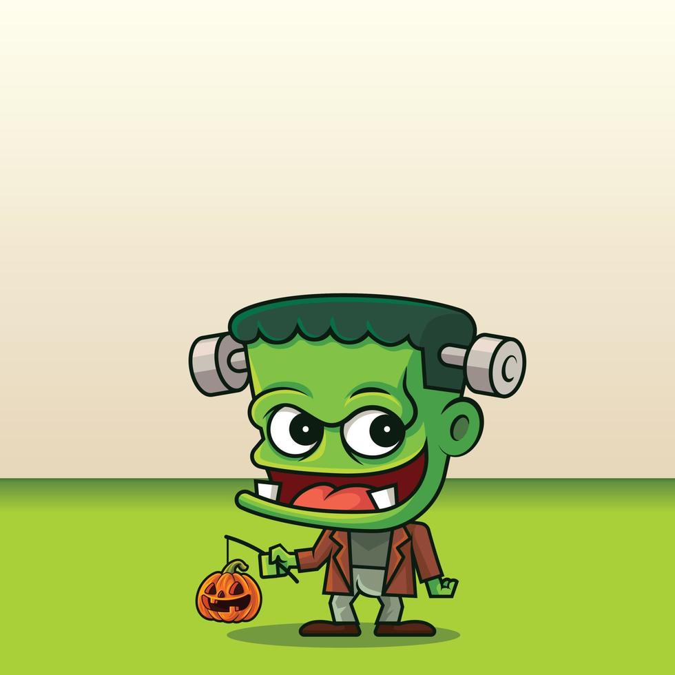 fijne Halloween. cartoon schattig groen monster met pompoenlantaarn op lege ruimte uithangbord achtergrond vector