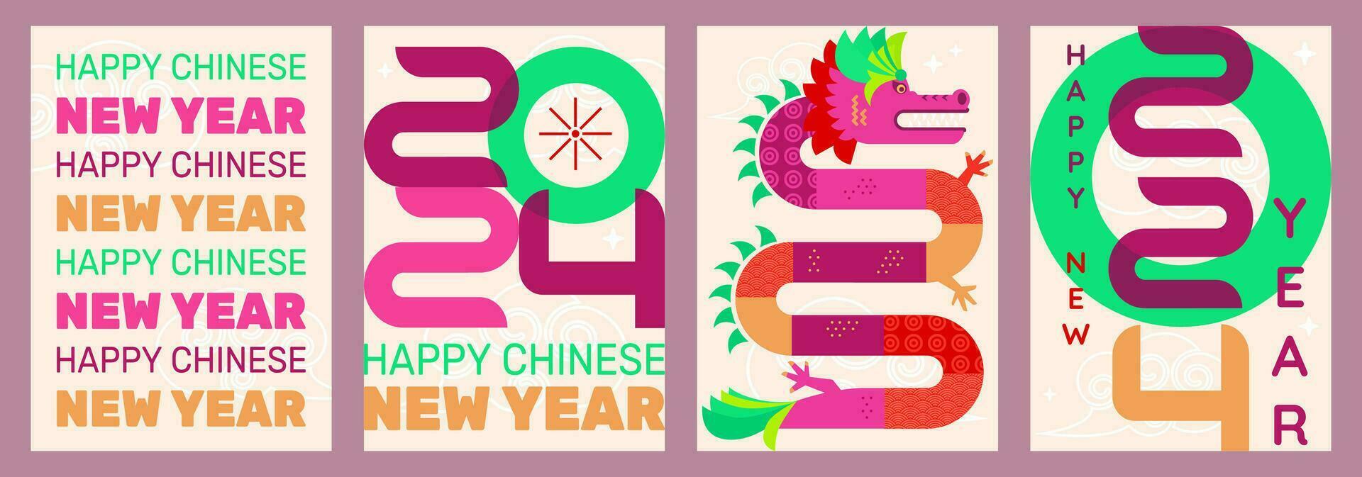 reeks van Chinese nieuw jaar posters met vlak meetkundig draak illustratie, symbool van de Chinese 2024 jaar. vector grafiek, afdrukken, kalender omslag, nieuw jaar viering decoratie.