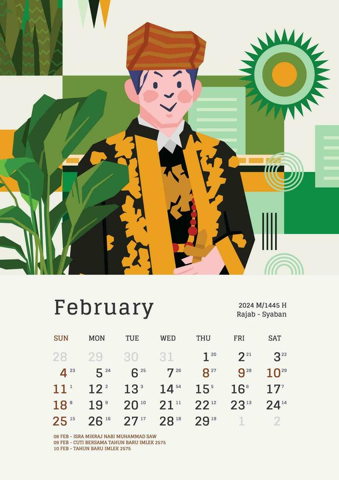 februari maandelijks kalender met Indonesië nationaal vakantie sjabloon lay-out bewerkbare tekst vector