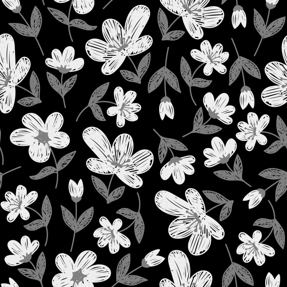 zwarte naadloze vector achtergrond met witte bloemen