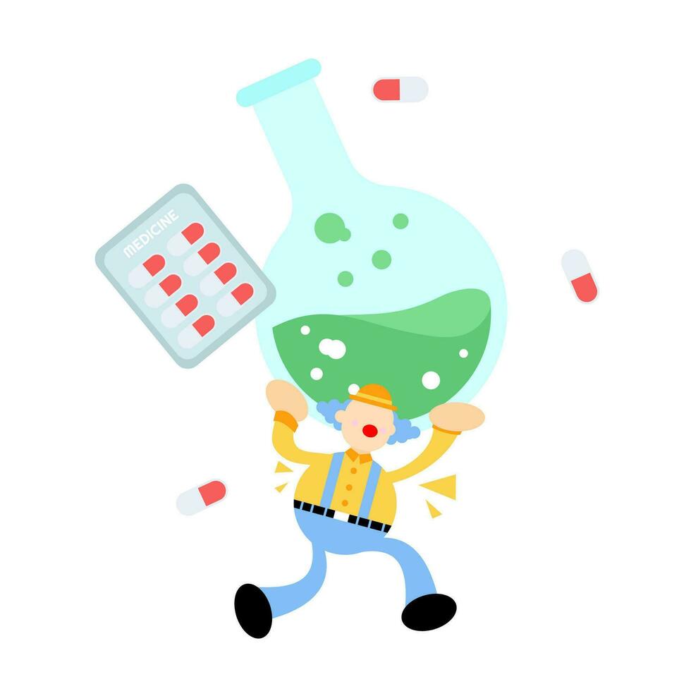 clown carnaval en experiment laboratorium geneeskunde drug Gezondheid tekenfilm tekening vlak ontwerp stijl vector illustratie