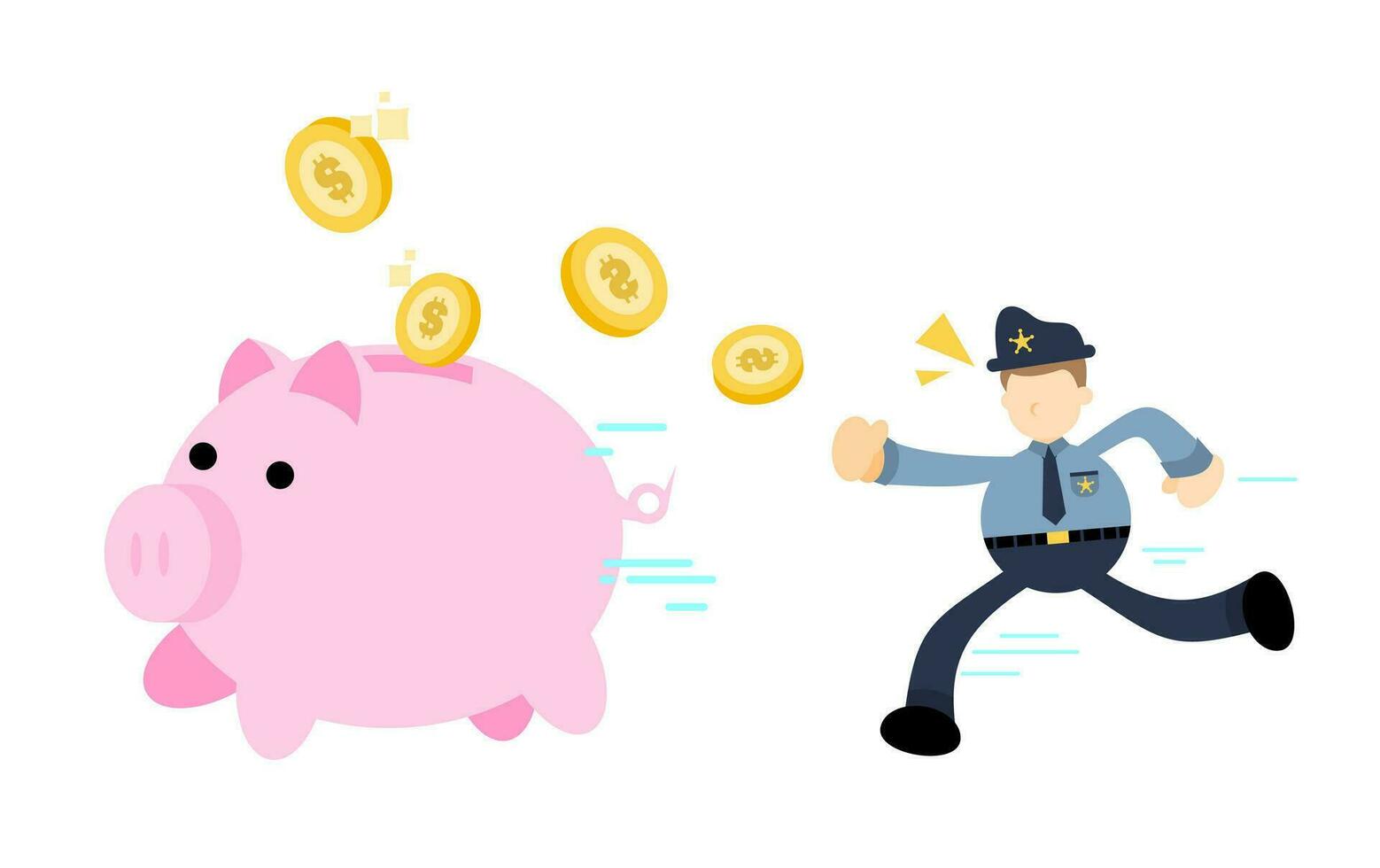 Politie officier Mens plukken varken bank geld dollar economie tekenfilm tekening vlak ontwerp stijl vector illustratie