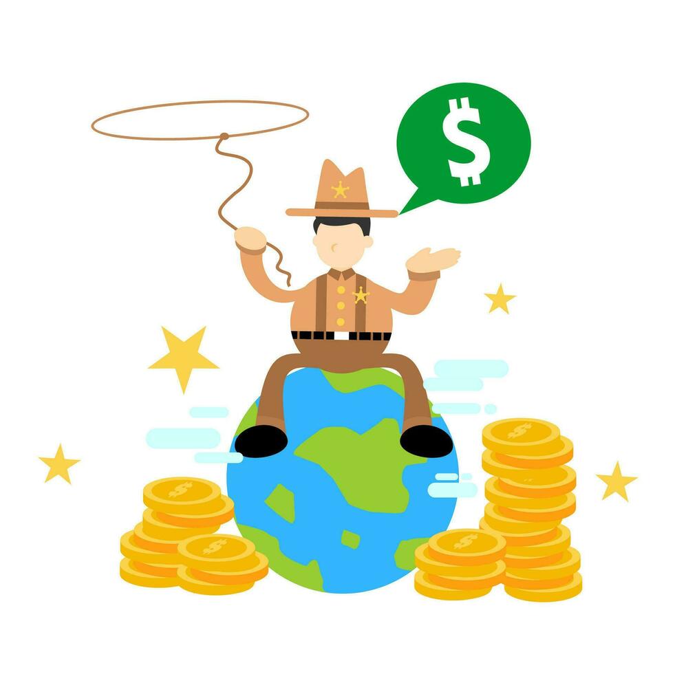 cowboy Amerika wereld economie geld dollar globaal tekenfilm tekening vlak ontwerp stijl vector illustratie