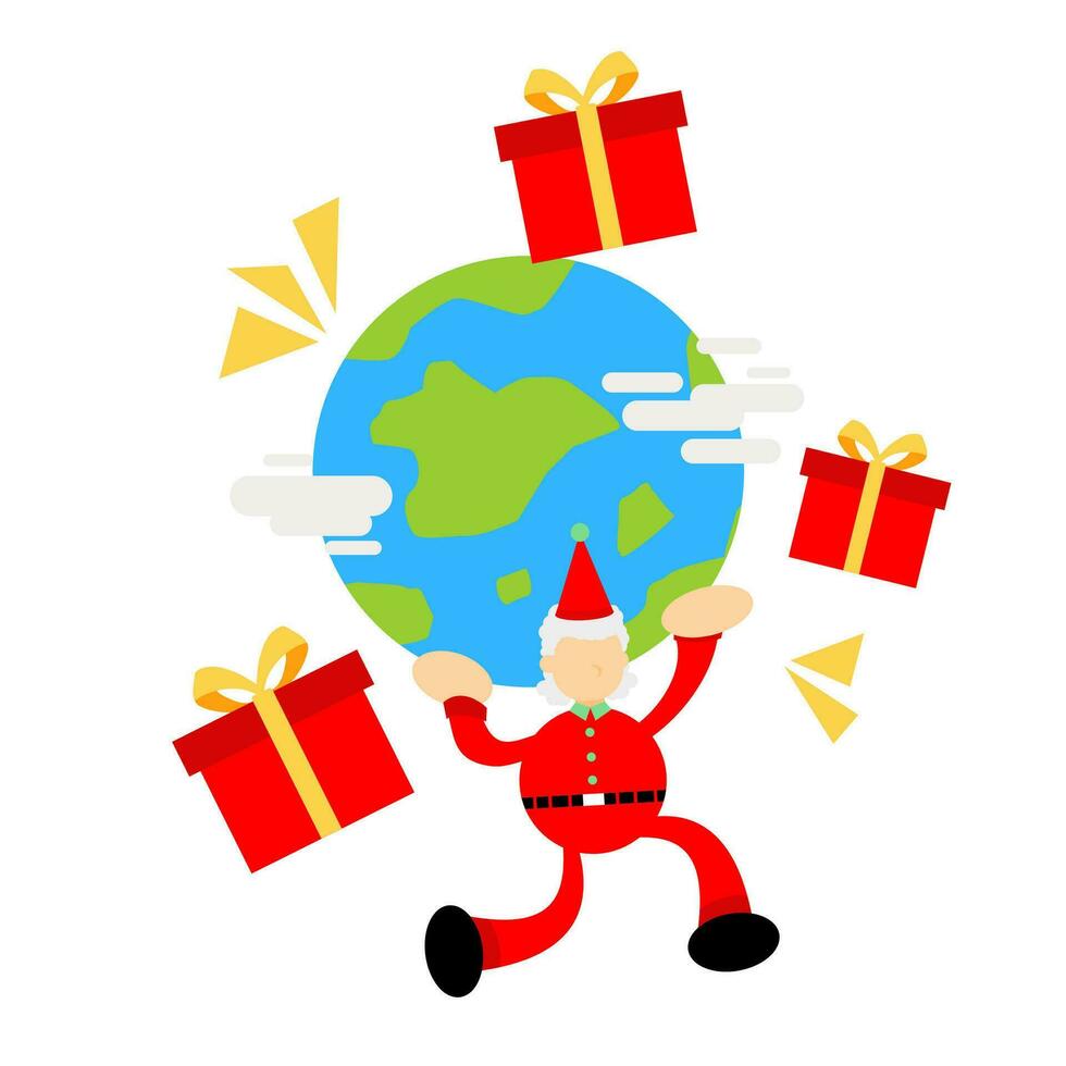 Kerstmis rood de kerstman optillen wereld aarde wereldbol geschenk doos tekenfilm tekening vlak ontwerp stijl vector illustratie