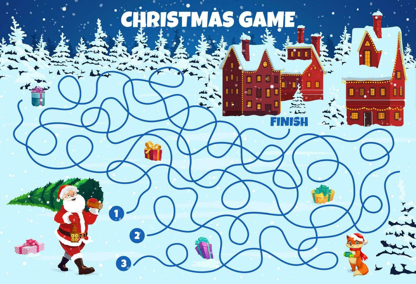 Kerstmis labyrint doolhof voor kinderen plezier, raadsel vector