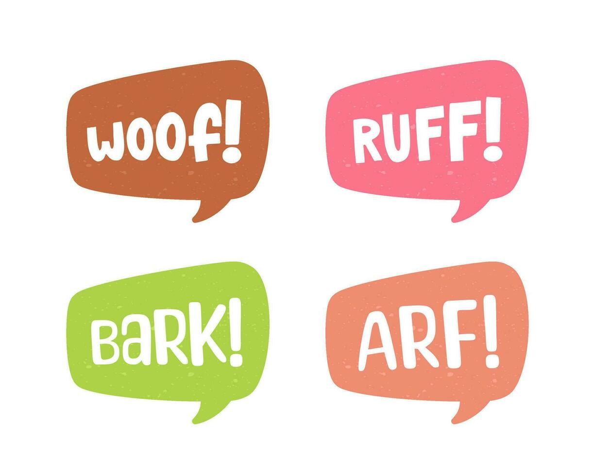 hond schors dier geluid effect tekst in een toespraak bubbel ballon clip art set. schattig tekenfilm onomatopee comics en belettering. vector