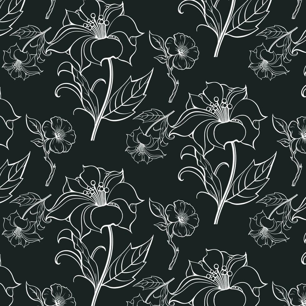 zwart en wit bloemen patroon met lelies en madeliefjes vector