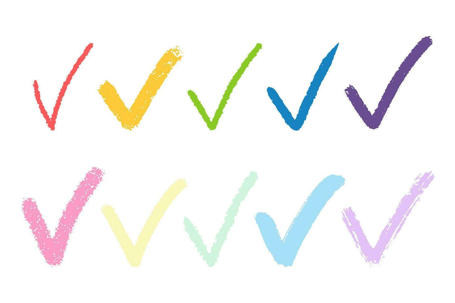 clip art reeks van pastel getextureerde tekening hand- getrokken vinkjes geïsoleerd Aan wit achtergrond. minimalistisch vector elementen in helder kleuren.