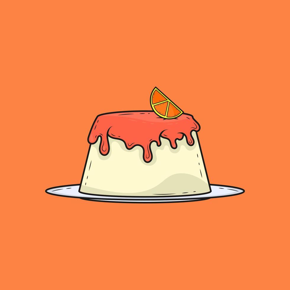 platte lijn oranje pudding met gesneden fruit op witte plaat. vector