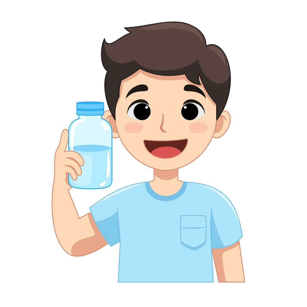 gezond en gelukkig Mens is Holding een verfrissend fles van water. vlak stijl tekenfilm illustratie. vector