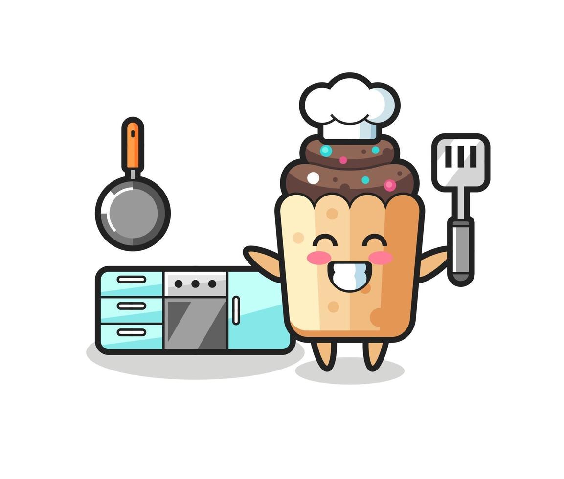 cupcake karakter illustratie als chef aan het koken is vector