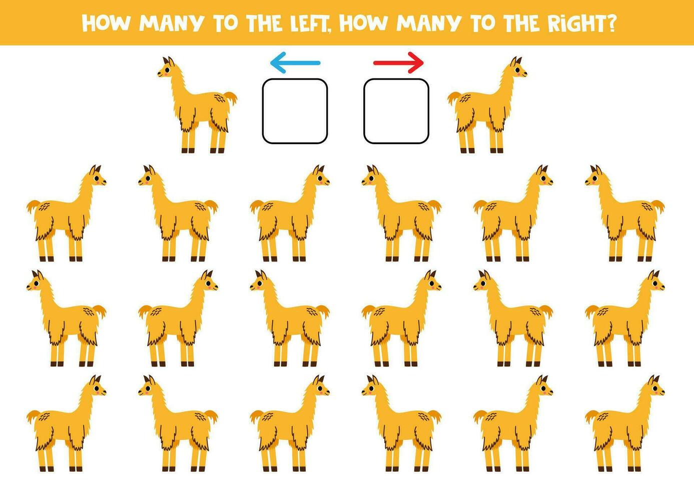 links of Rechtsaf met schattig tekenfilm lama. logisch werkblad voor kleuters. vector