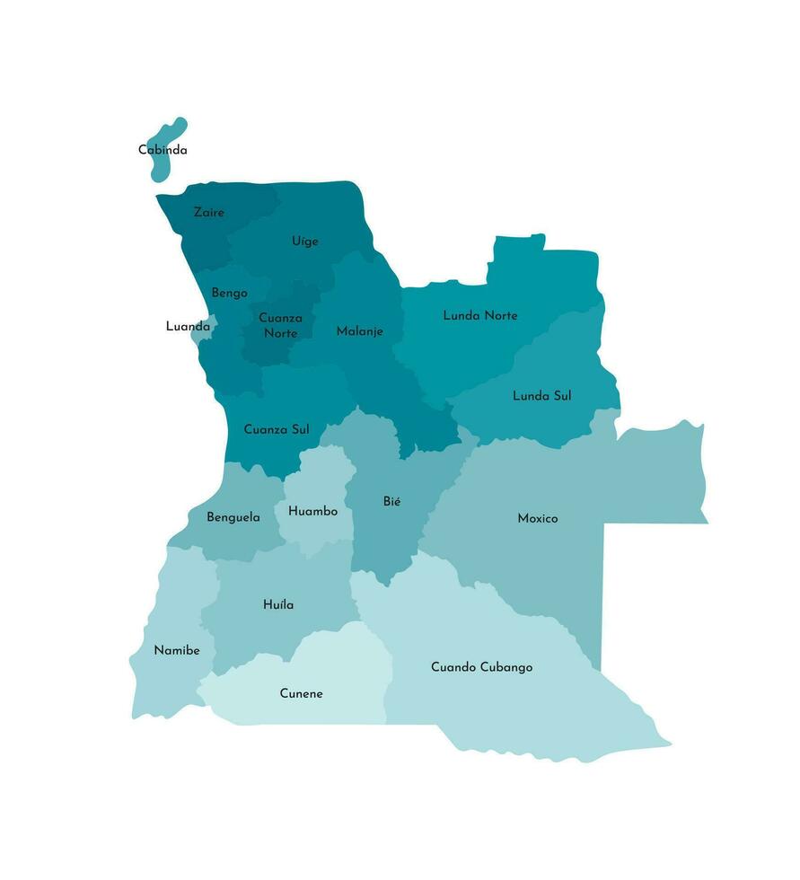 vector geïsoleerd illustratie van vereenvoudigd administratief kaart van Angola. borders en namen van de provincies, Regio's. kleurrijk blauw khaki silhouetten.