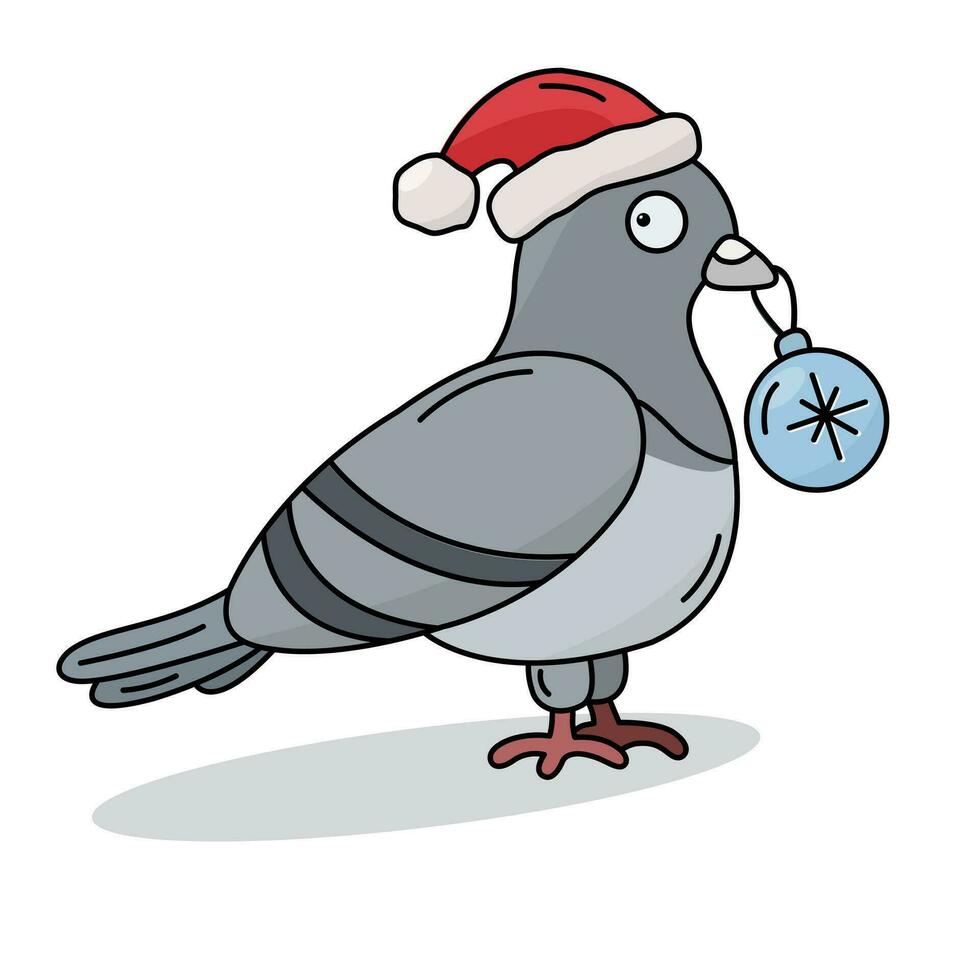 schattig kleur vector duif met zwart schets met een Kerstmis bal in haar bek in santa's hoed. nieuw jaar, kerstmis, winter stedelijk thema.