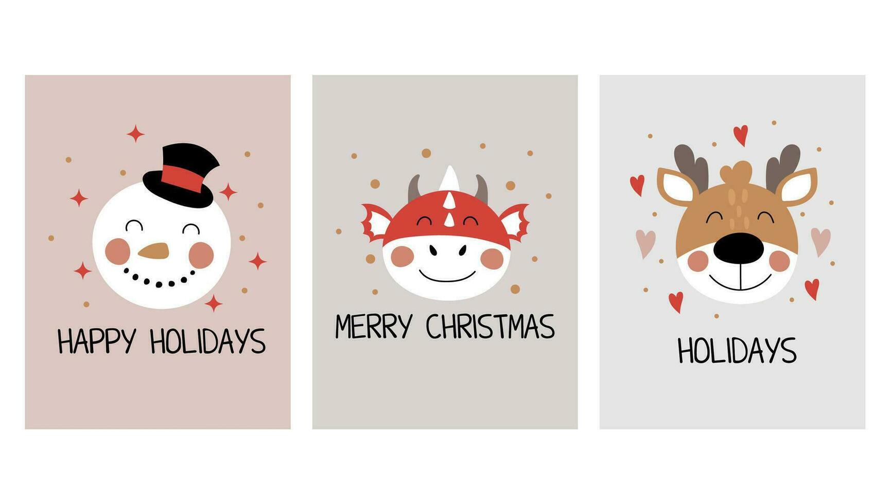 reeks van vakantie kaarten. Kerstmis kaarten met draak, hert en sneeuwman in vlak stijl. vector