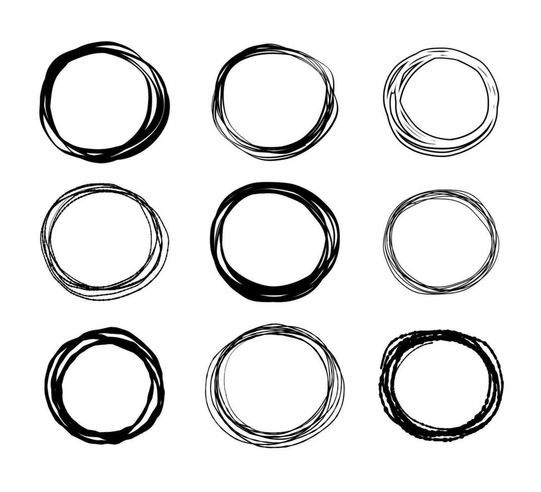 hand- getrokken cirkels schetsen set. tekening circulaire elementen van de logo ontwerp. vector