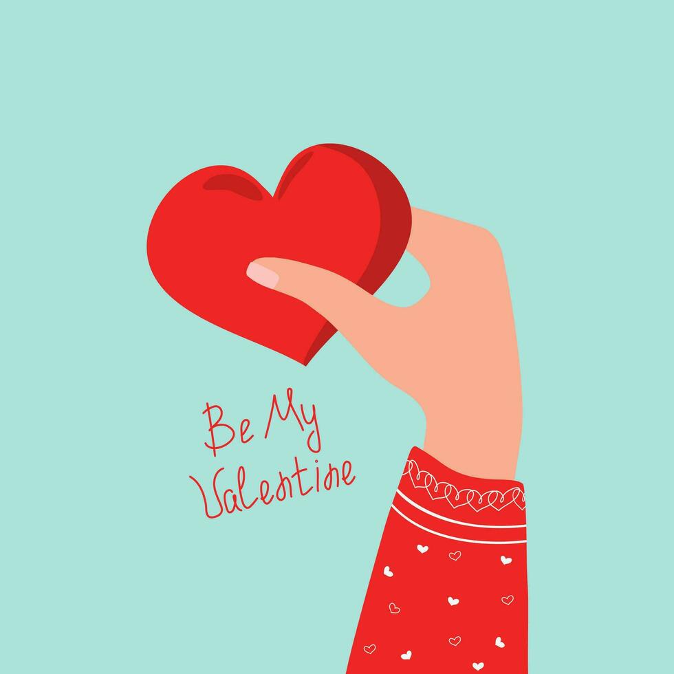 hand- Holding een rood hart. romantisch liefde vector kaart voor Valentijnsdag dag met opschrift