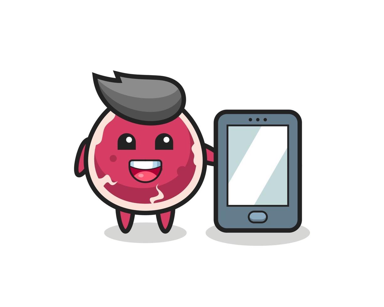 rundvlees illustratie cartoon met een smartphone vector