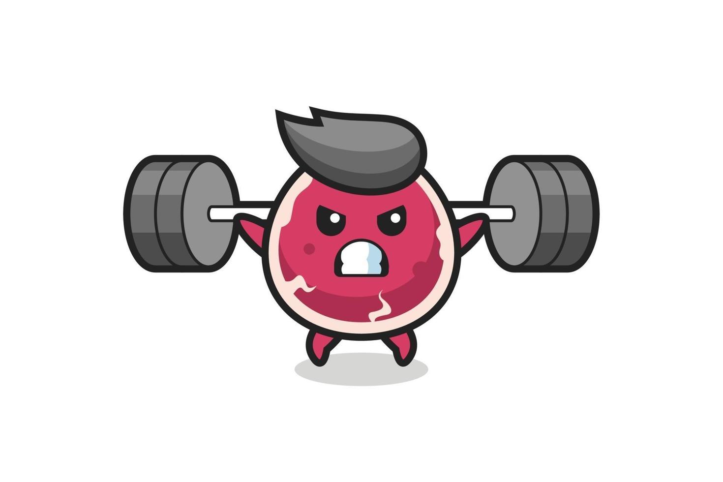 rundvlees mascotte cartoon met een barbell vector