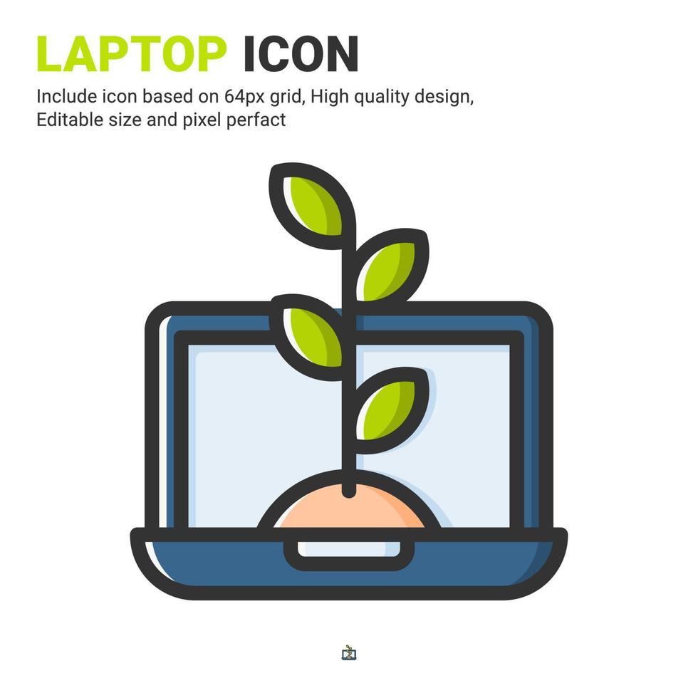 laptop en plant pictogram vector met omtrek kleurstijl geïsoleerd op een witte achtergrond. vector illustratie computer teken symbool pictogram concept voor digitale landbouw, industrie, landbouw, apps en project