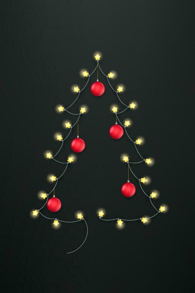 abstract Kerstmis boom met en verlichting slinger en rood kerstballen Aan zwart achtergrond vector