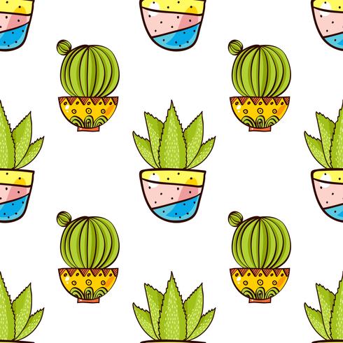 Naadloos patroon van cactussen en succulents in potten. vector