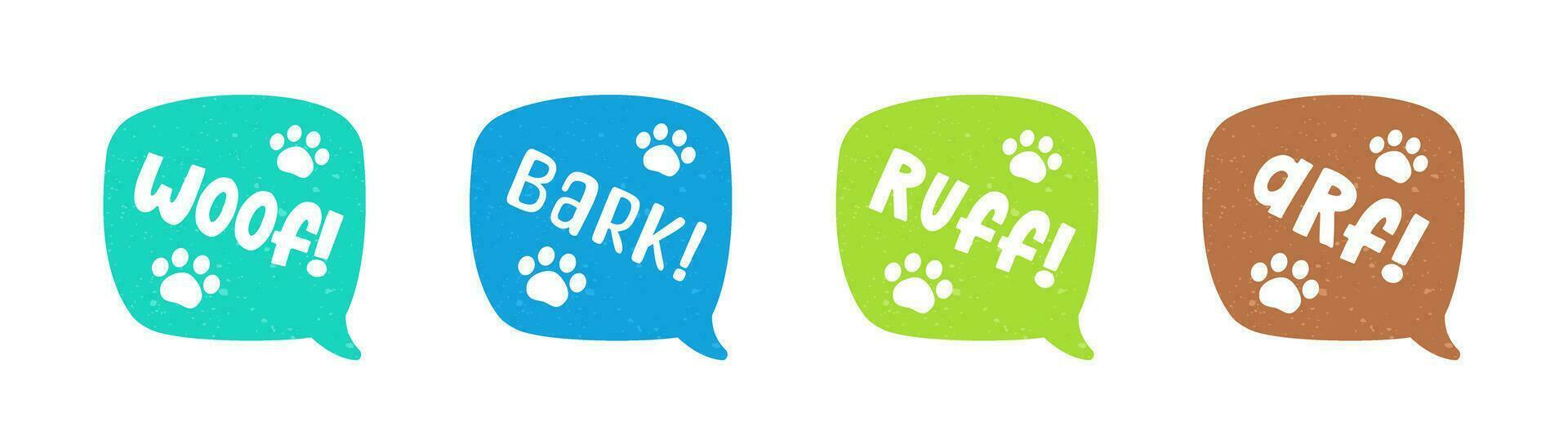 hond schors dier geluid effect tekst in een toespraak bubbel ballon clip art set. schattig tekenfilm onomatopee comics en belettering. vector