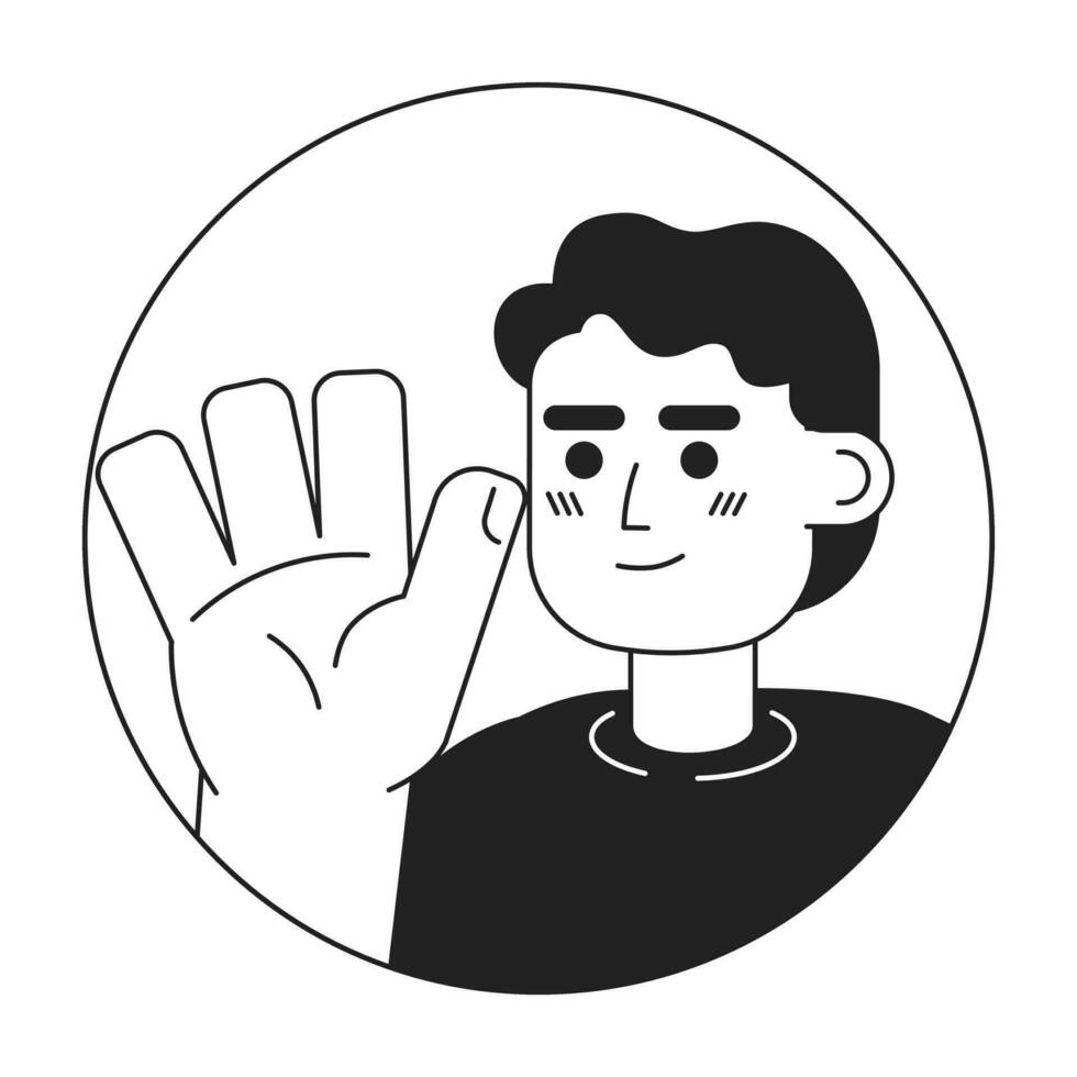 Japans jong volwassen Mens golvend hand- groet zwart en wit 2d vector avatar illustratie. handgolf Aziatische Amerikaan vent schets tekenfilm karakter gezicht geïsoleerd. Welkom gebaren vlak portret