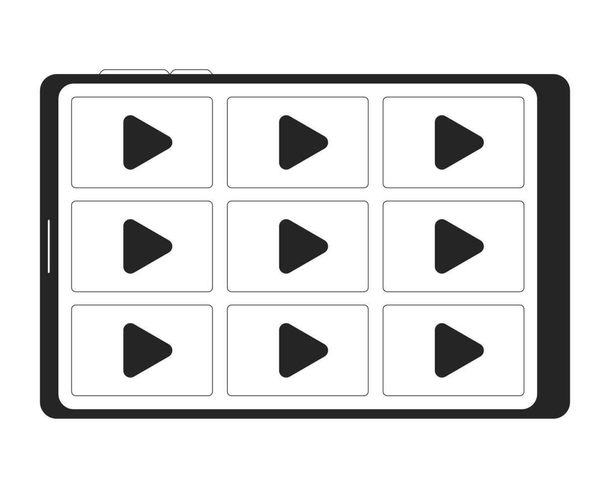 tablet computer met streaming platform zwart en wit 2d lijn tekenfilm voorwerp. films, kanalen video tablet scherm geïsoleerd vector schets item. kijk maar serie monochromatisch vlak plek illustratie