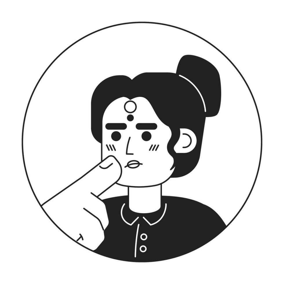 maang tikka Indisch vrouw strelen kin zwart en wit 2d vector avatar illustratie. elegant Hindoe vrouw denken moeilijk schets tekenfilm karakter gezicht geïsoleerd. keuze maken gebaar vlak portret