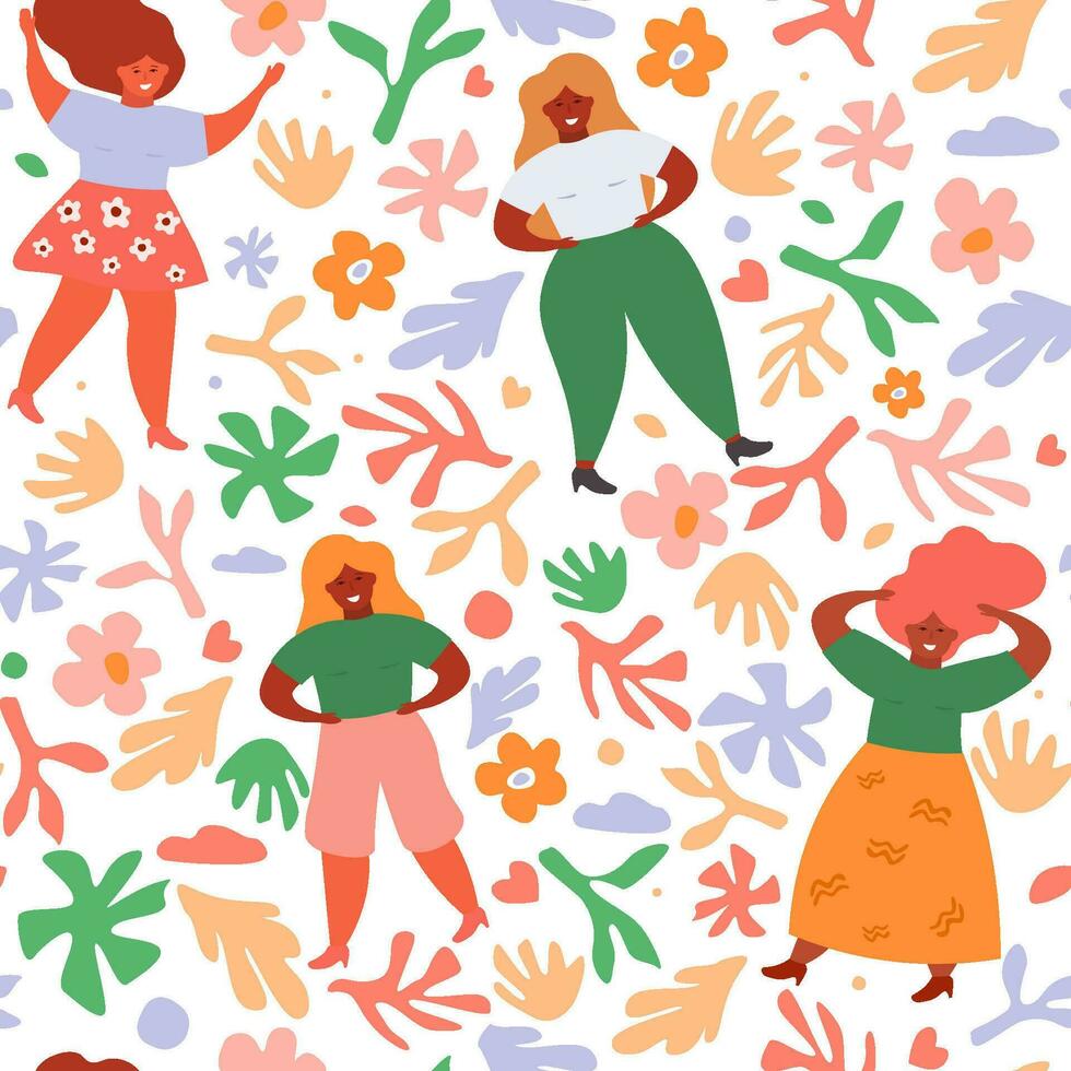 naadloos abstract patroon met mooi meisjes plus grootte Aan de achtergrond van bloemen, bladeren, takken. gelukkig Dames met lang haar- dans, liefhebbend zich. vector grafiek.