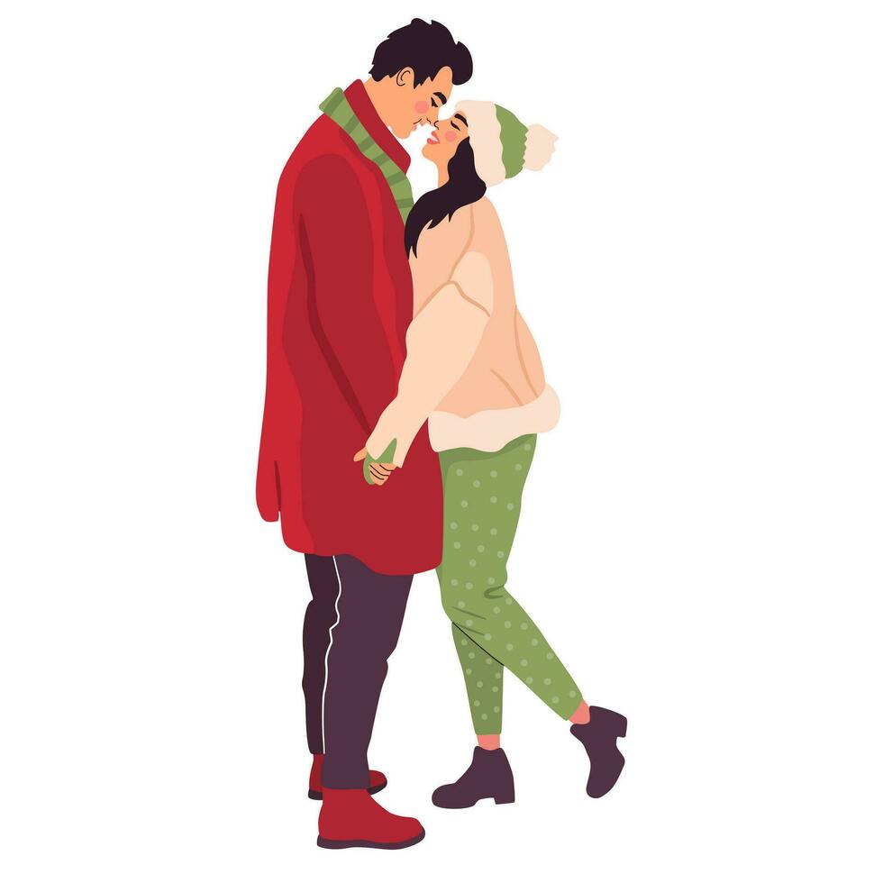 romantisch paar knuffelen in winter kleren. Mens en vrouw Holding handen. vector illustratie geïsoleerd Aan wit achtergrond.