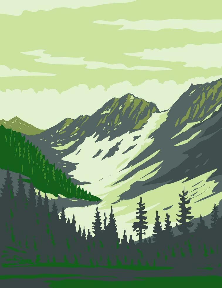 noorden watervallen nationaal park met magie berg en pelton top in Washington staat wpa poster kunst vector