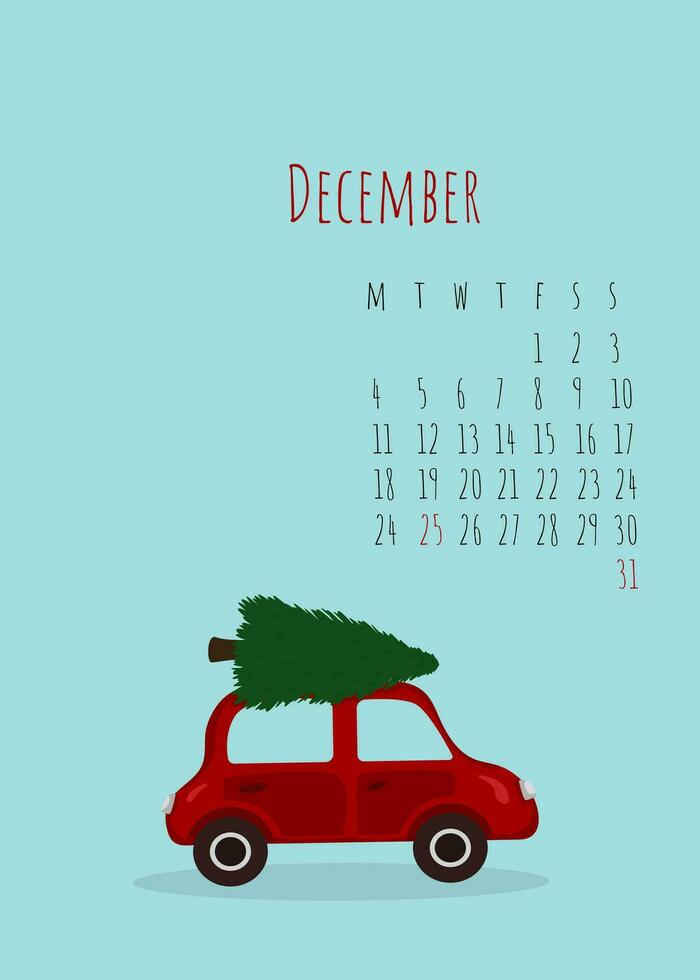 kalender voor de maand van december gemarkeerd met Kerstmis en nieuw jaar datums. illustratie met een auto en een boom Aan de dak vector