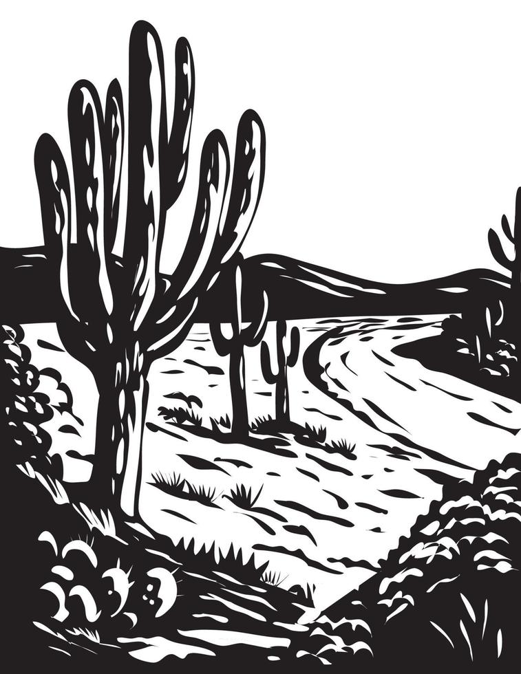 wpa art saguaro nationaal park in pima county arizona usa grijswaarden zwart-wit vector