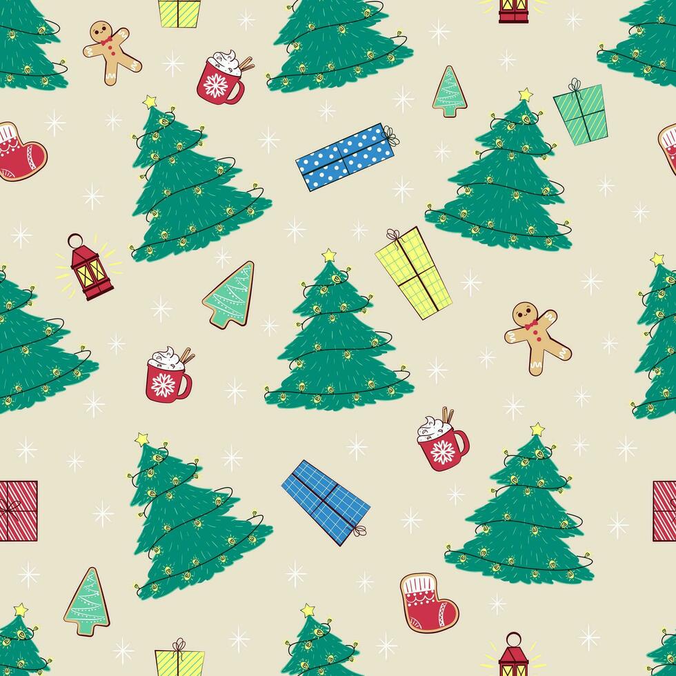 naadloos patroon met vlak Kerstmis boom, geschenken, ontbijtkoek, sneeuw wereldbol, cacao mok, lantaarn lamp. gedrukt omhulsel papier. nieuw jaar verpakking decor. vector