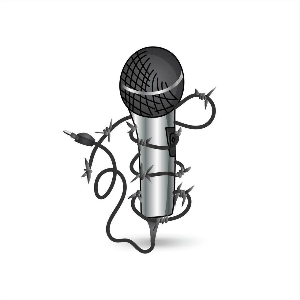 een poster beeltenis vrijheid van toespraak. illustratie van een microfoon met een met weerhaken draad geluid haven kabel. muziek-thema tekenfilm ontwerpen voor t-shirts vector