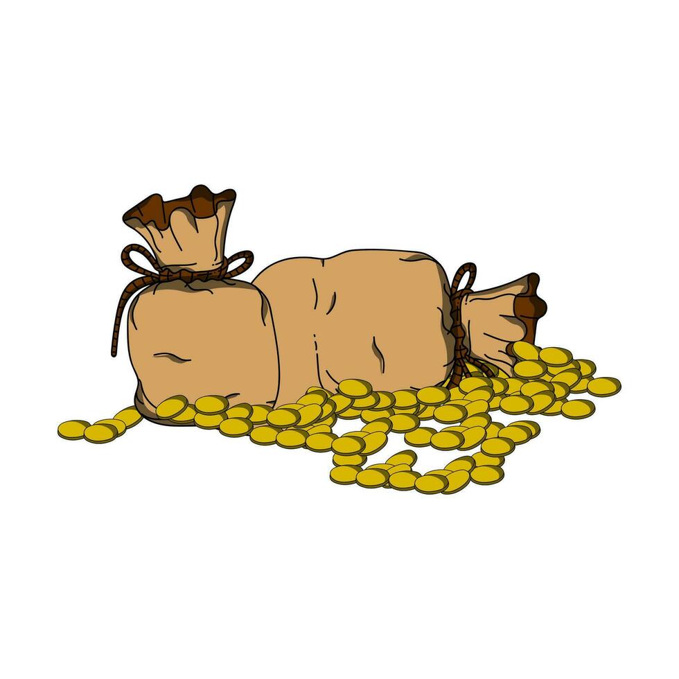 een stapel van Tassen van goud munten. vector illustratie van een zak van goud munten en verspreide goud