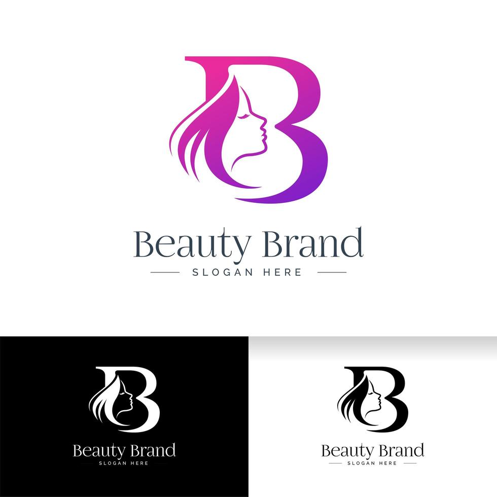 letter b schoonheid logo ontwerp. vrouw gezicht silhouet vector