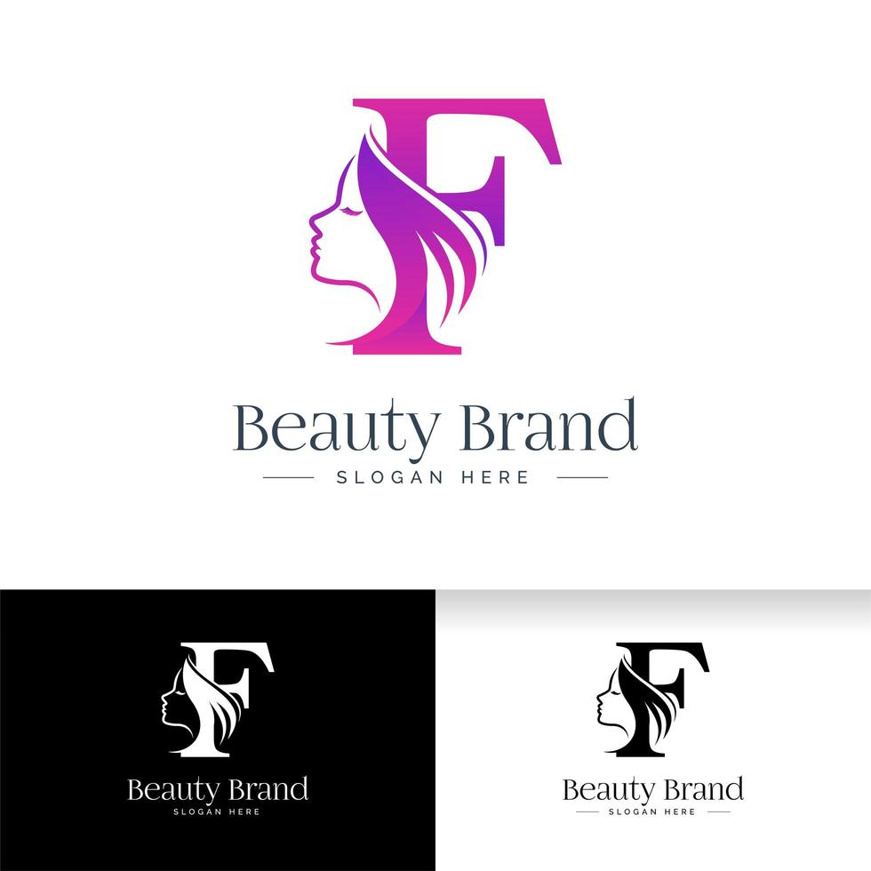 letter f schoonheid logo ontwerp. vrouw gezicht silhouet vector
