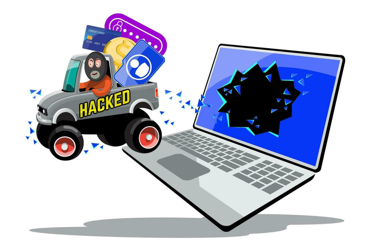 hacker stelen munten en gegevens van notitieboekje door vrachtwagen, cyber veiligheid concept. vector